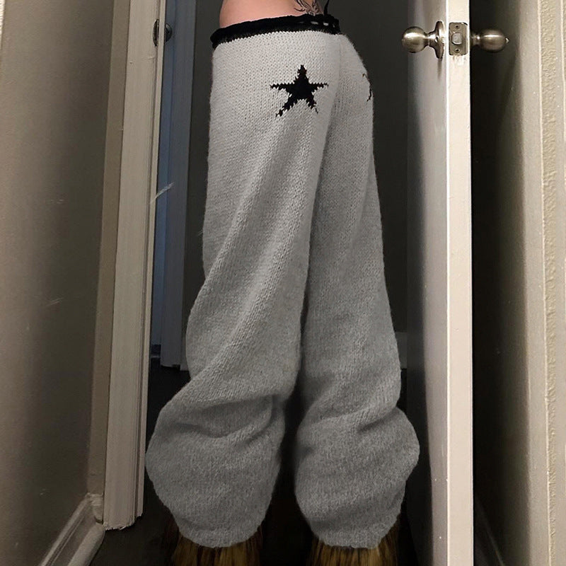 American Hot Girl Style Five-pointed Star Lace Up Casual Woolen Trousers