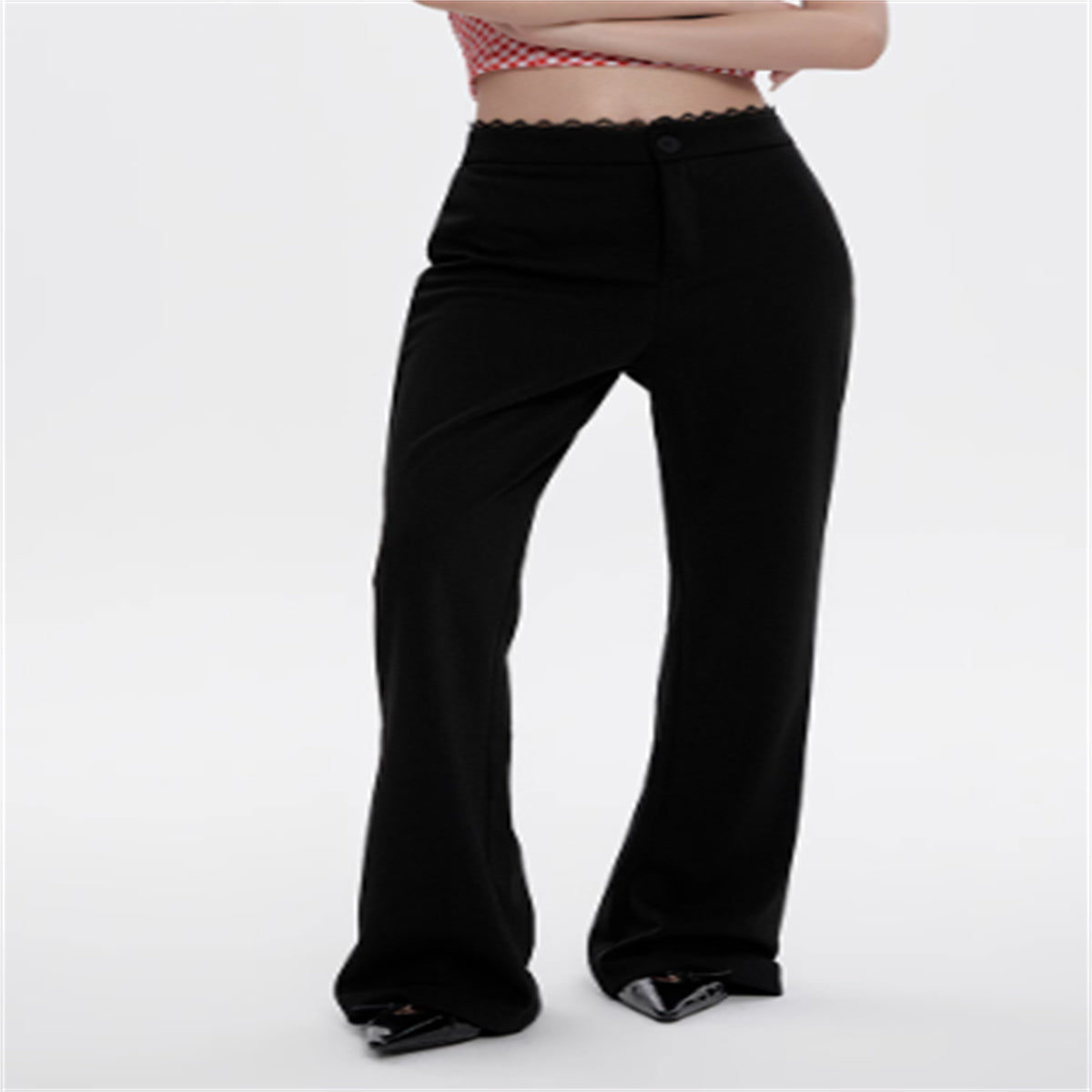 Lace Stitching Black Flared Pants For Women In Summer High Waist