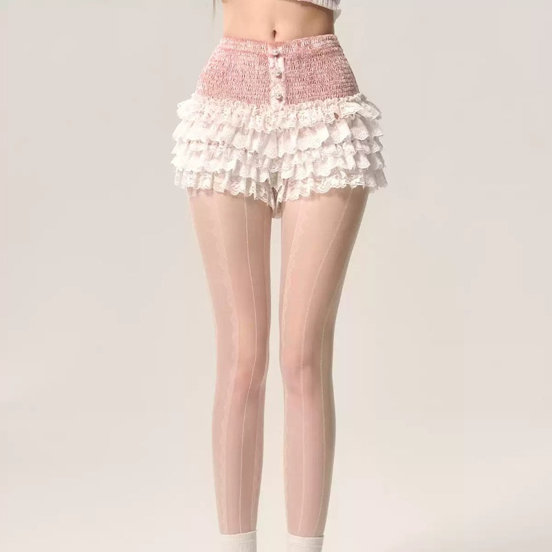 Peach Blossom Bud White French Lace Shorts