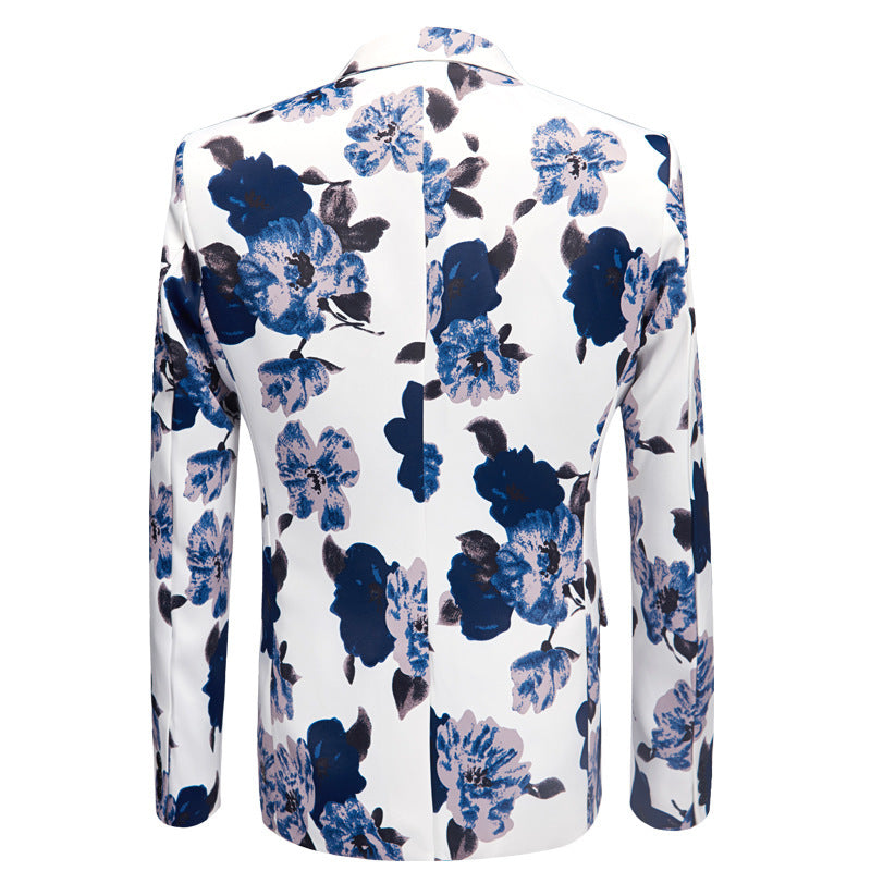New Printing Men's Suit Set Blue Flower Performing Costumes