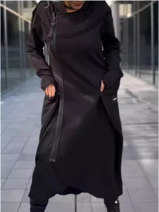 Women's Long Irregular Hem Zipper Fashion Pocket Sweatshirt