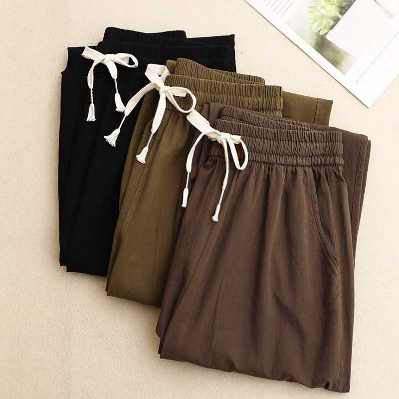 Pure Cotton Casual Pants Simple Tapered Cropped Pants Mid Waist