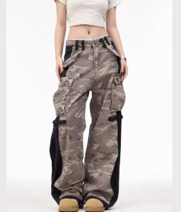 American-style Retro Patchwork Zipper Camouflage Men's And Women's Wide-leg Pants