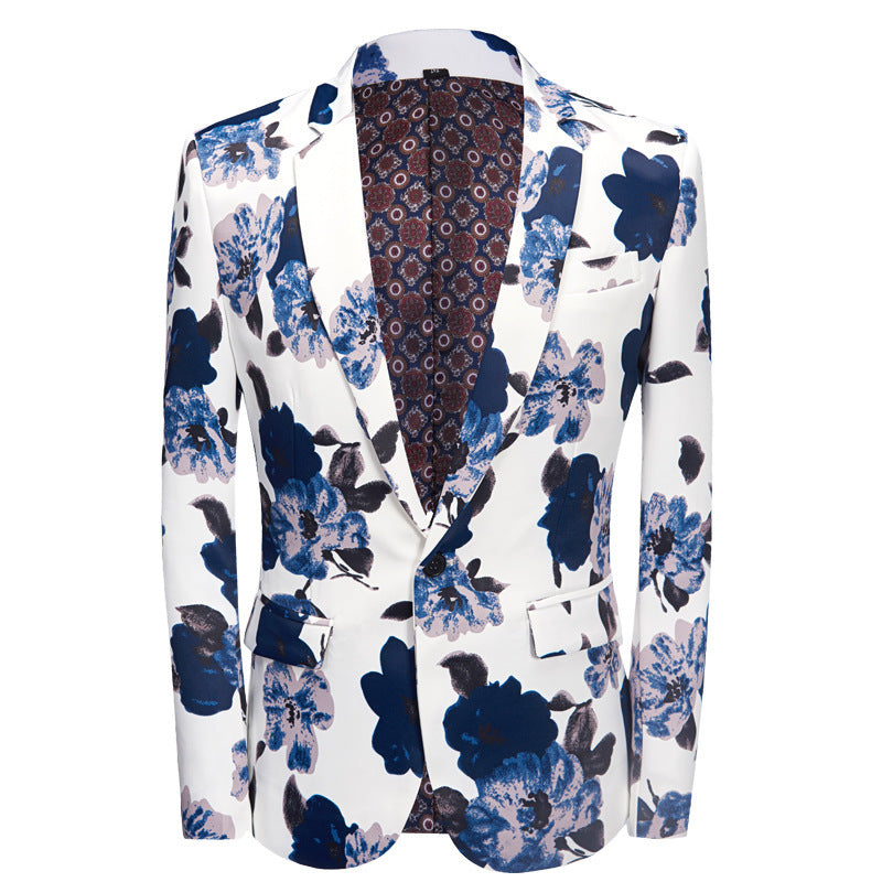 New Printing Men's Suit Set Blue Flower Performing Costumes