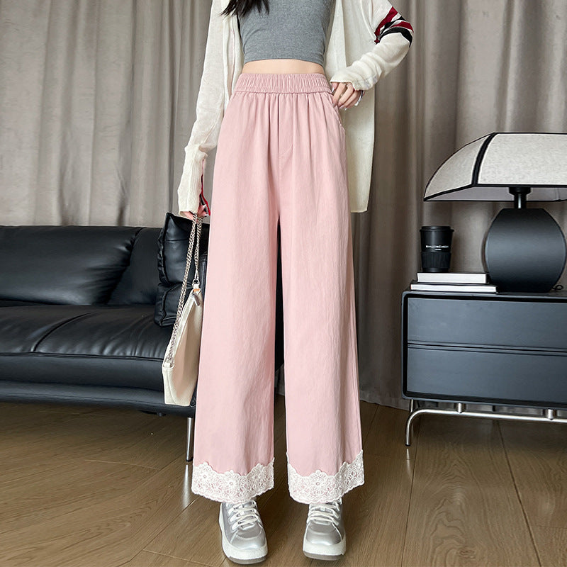 Women's Washed Cotton Lace Wide-leg Pants