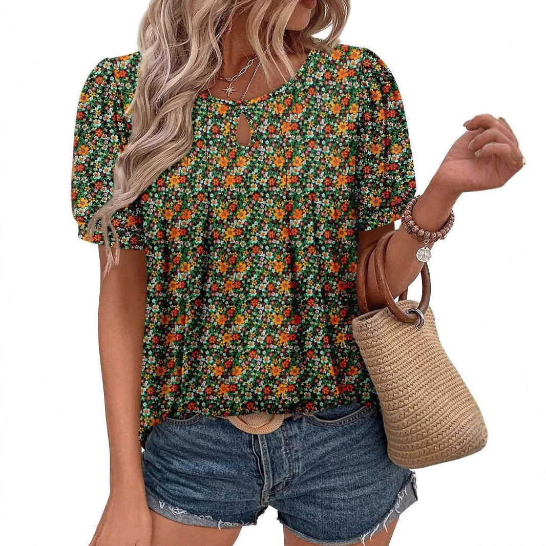 Floral Print Round Neck T Hole Flower Female