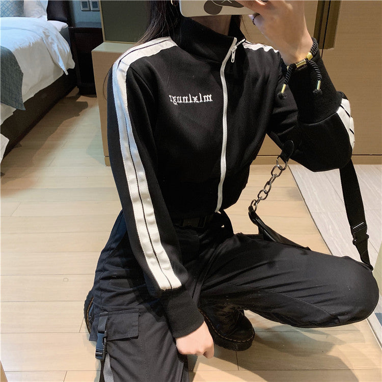 Women's Korean Style Letter Embroidery Black Sports Jacket