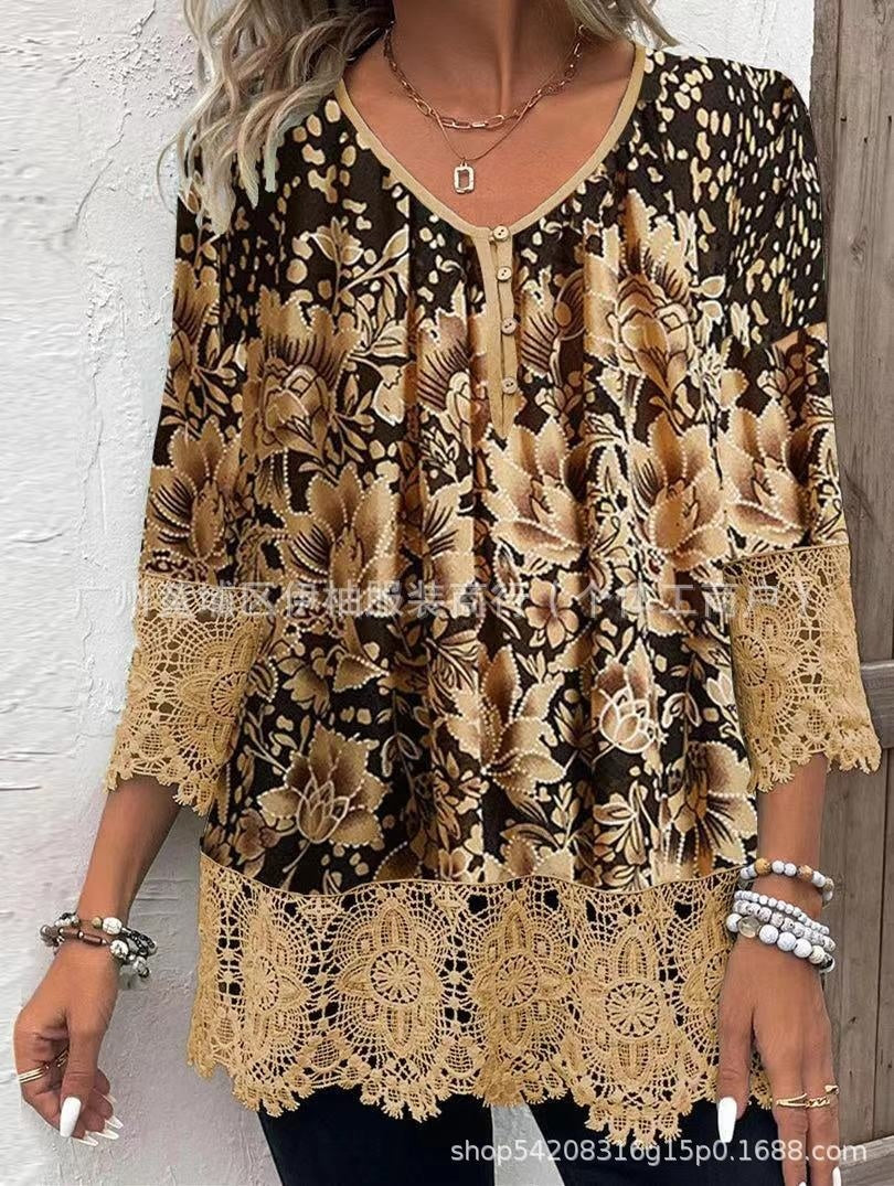 Casual Lace Printed Lace Button Top