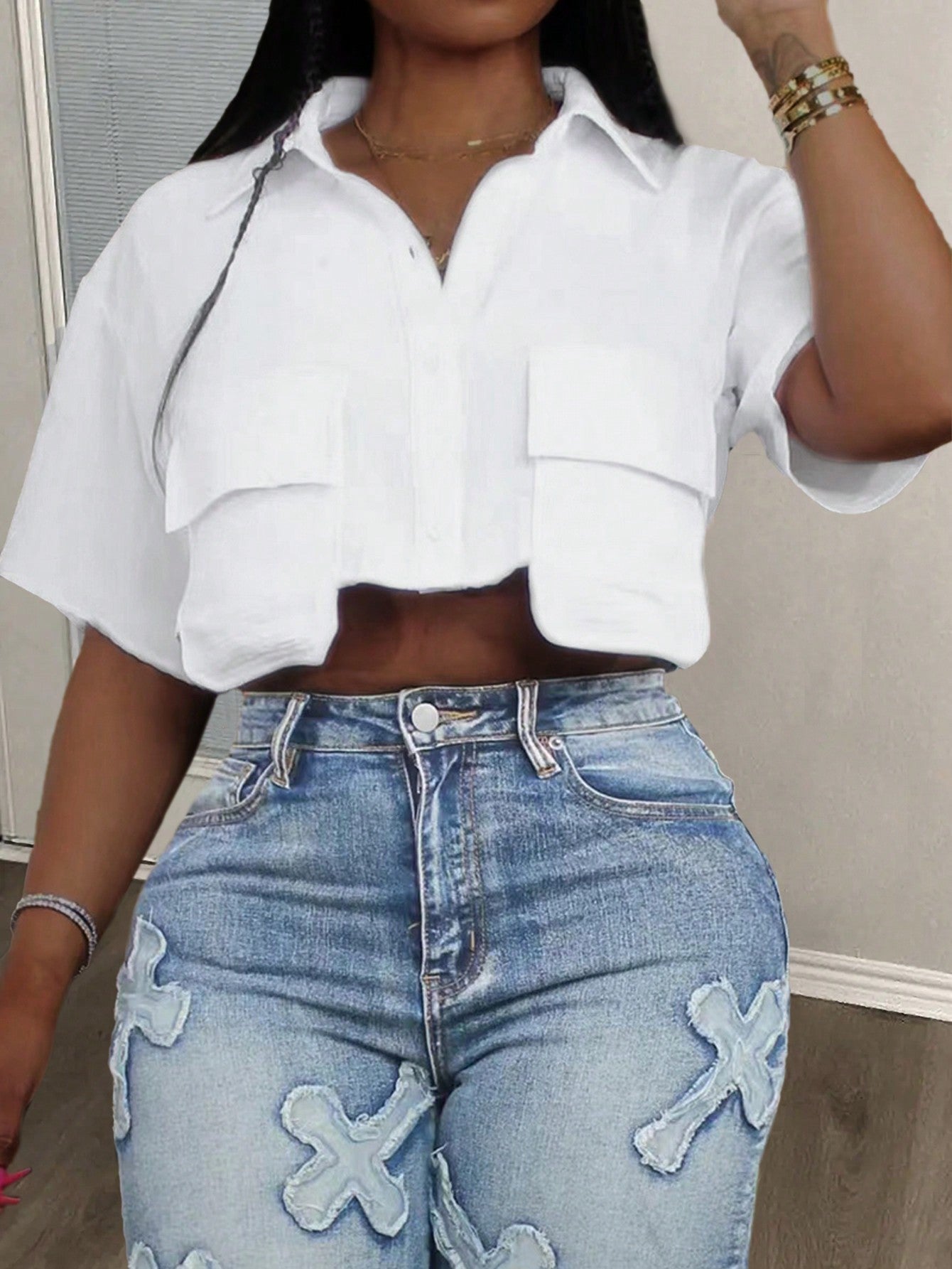 Women Casual Streetwear White Polo Collar Pocket Cropped Top