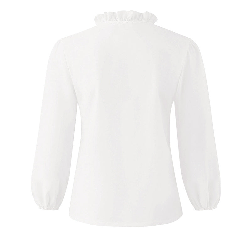 Women's Solid Color Long Sleeve Ruffled V-neck Pleated Shirt For Women