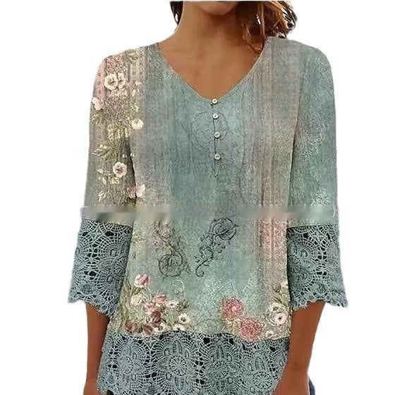 Casual Lace Printed Lace Button Top