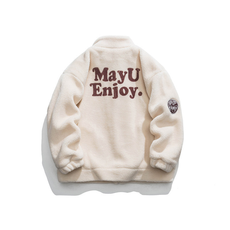 Casual Letter Embroidered Lamb Wool Coat Neutral Cotton-padded Jacket