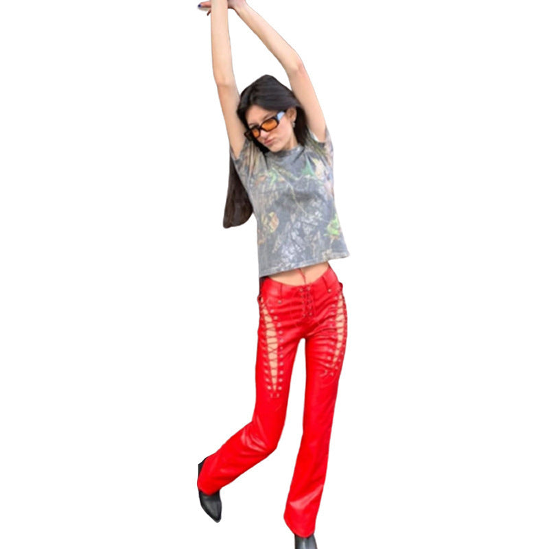 Women's High Waist Hollow-out Strap Straight Ankle Tied Leather Pants