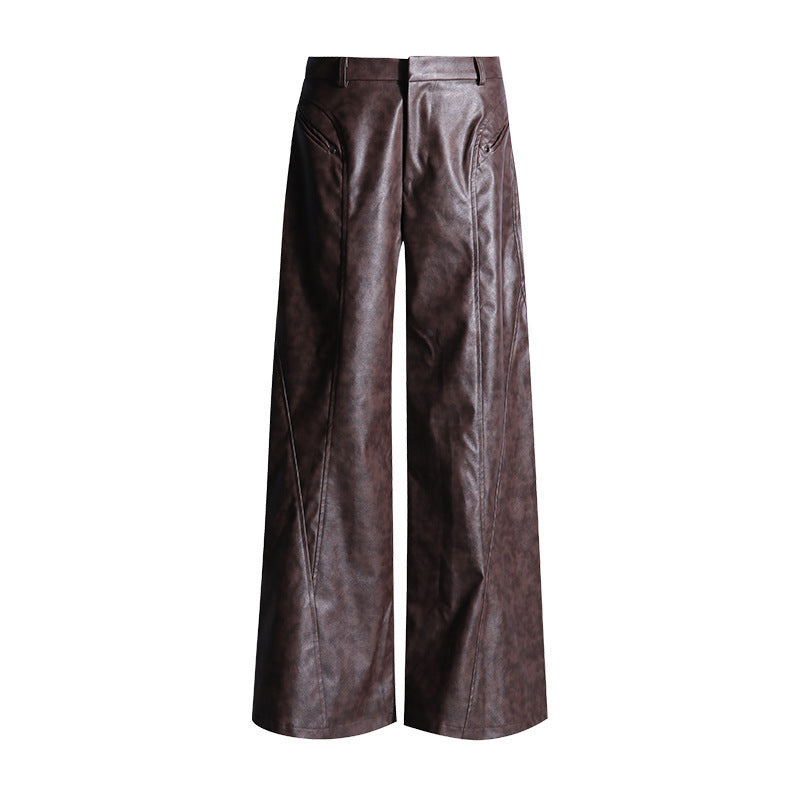 Retro Brown Pu Leather Waist Super Soft Brown Wide Leg Pants Maillard Wear