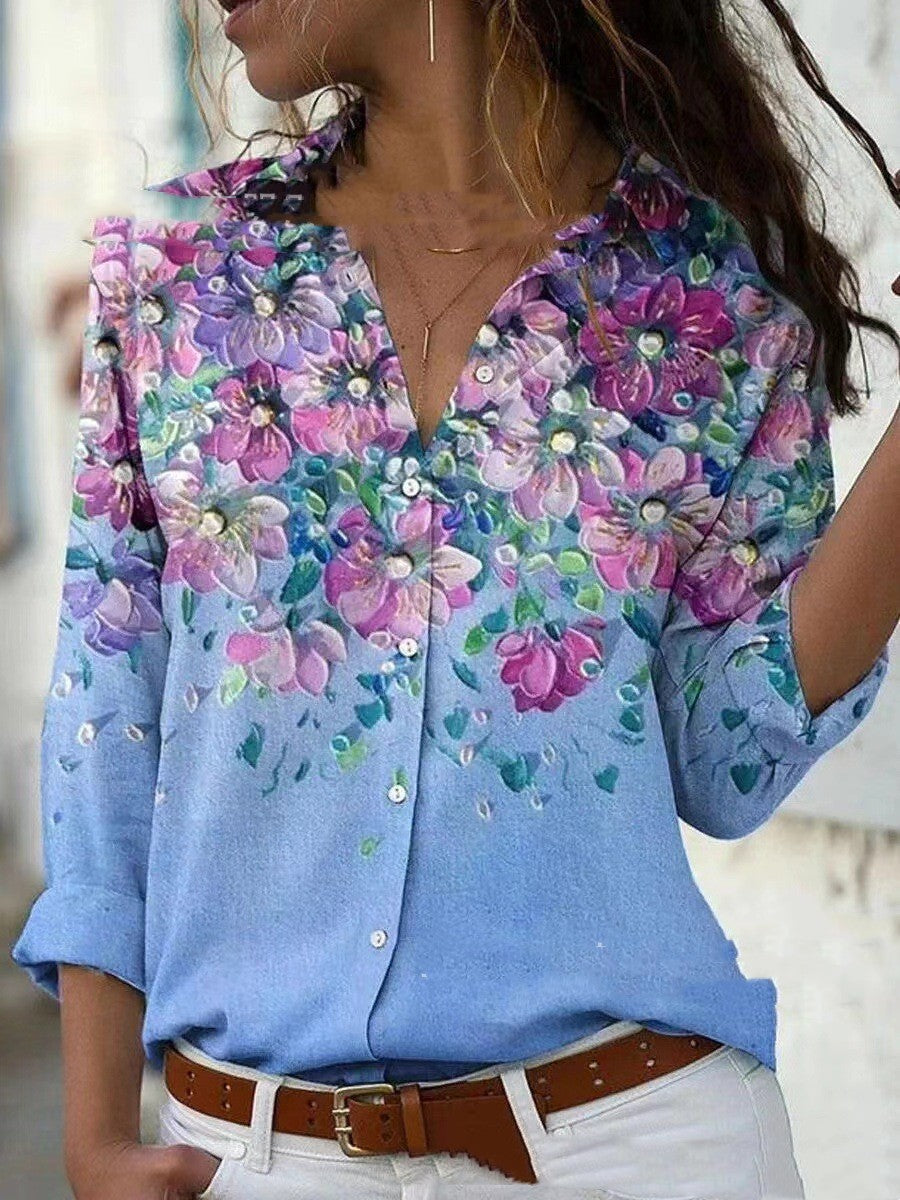 Fashion Printing Lapel Long Sleeve Shirt For Women