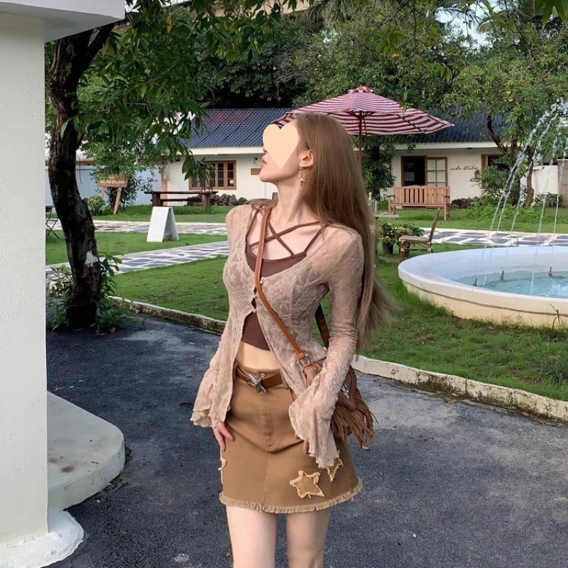 Spaghetti-shoulder Strap Camisole Thin Top Long Sleeve Cardigan Dress Hot Girl Suit