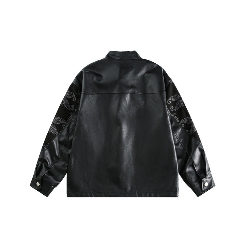 Spring New Chinese Stitching Buckle Stand Collar PU Leather Jacket
