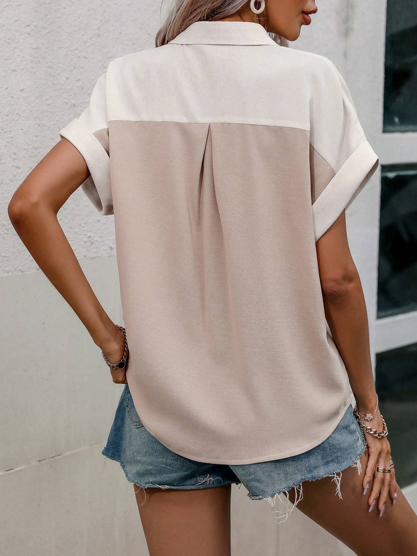 Two Tone Batwing Sleeve Pocket Patched Shirt