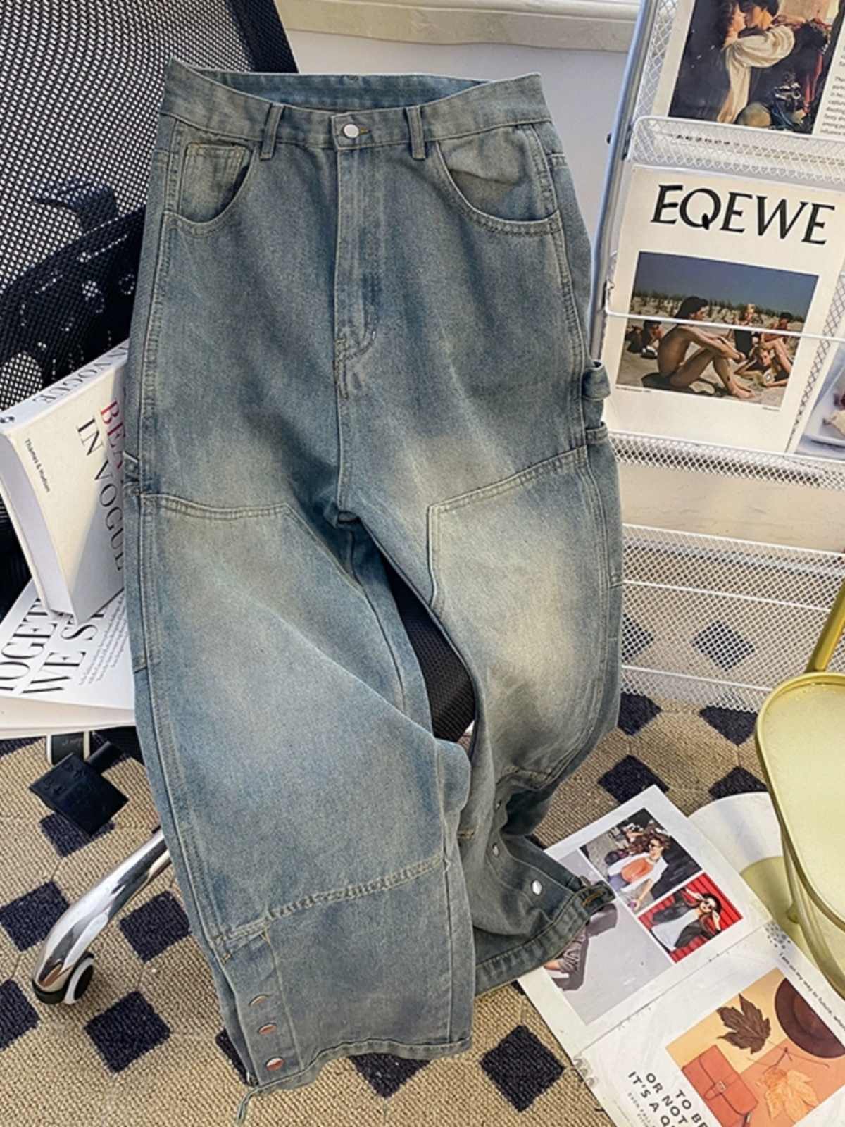Split Breasted Jeans Men's Ins Trendy Straight Slightly Pull