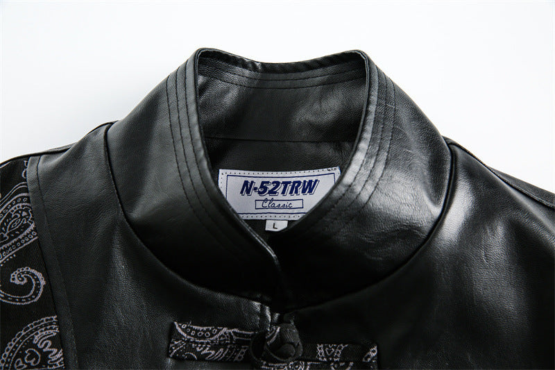 Spring New Chinese Stitching Buckle Stand Collar PU Leather Jacket