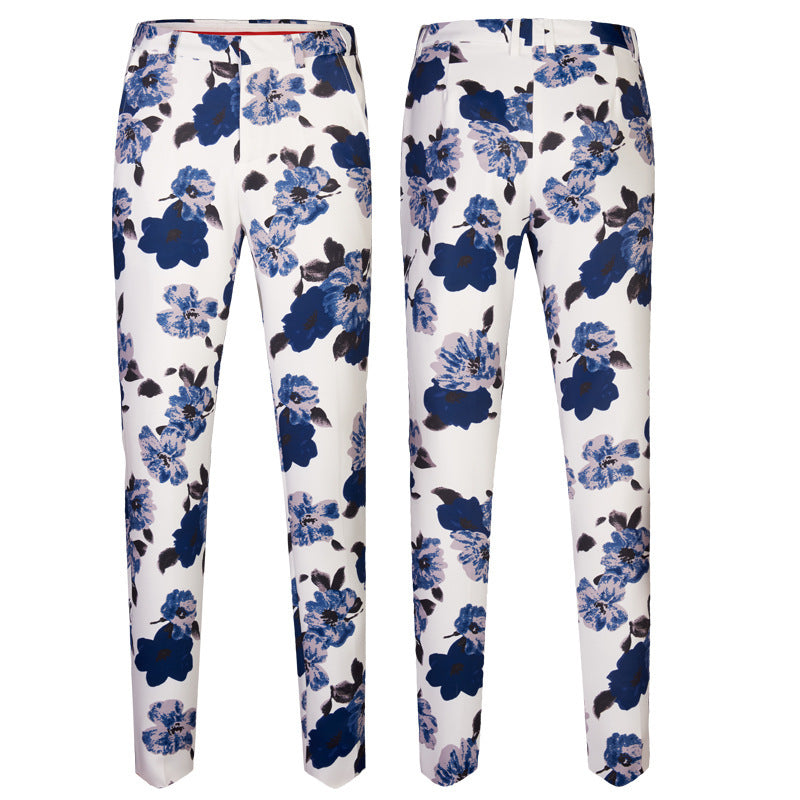 New Printing Men's Suit Set Blue Flower Performing Costumes