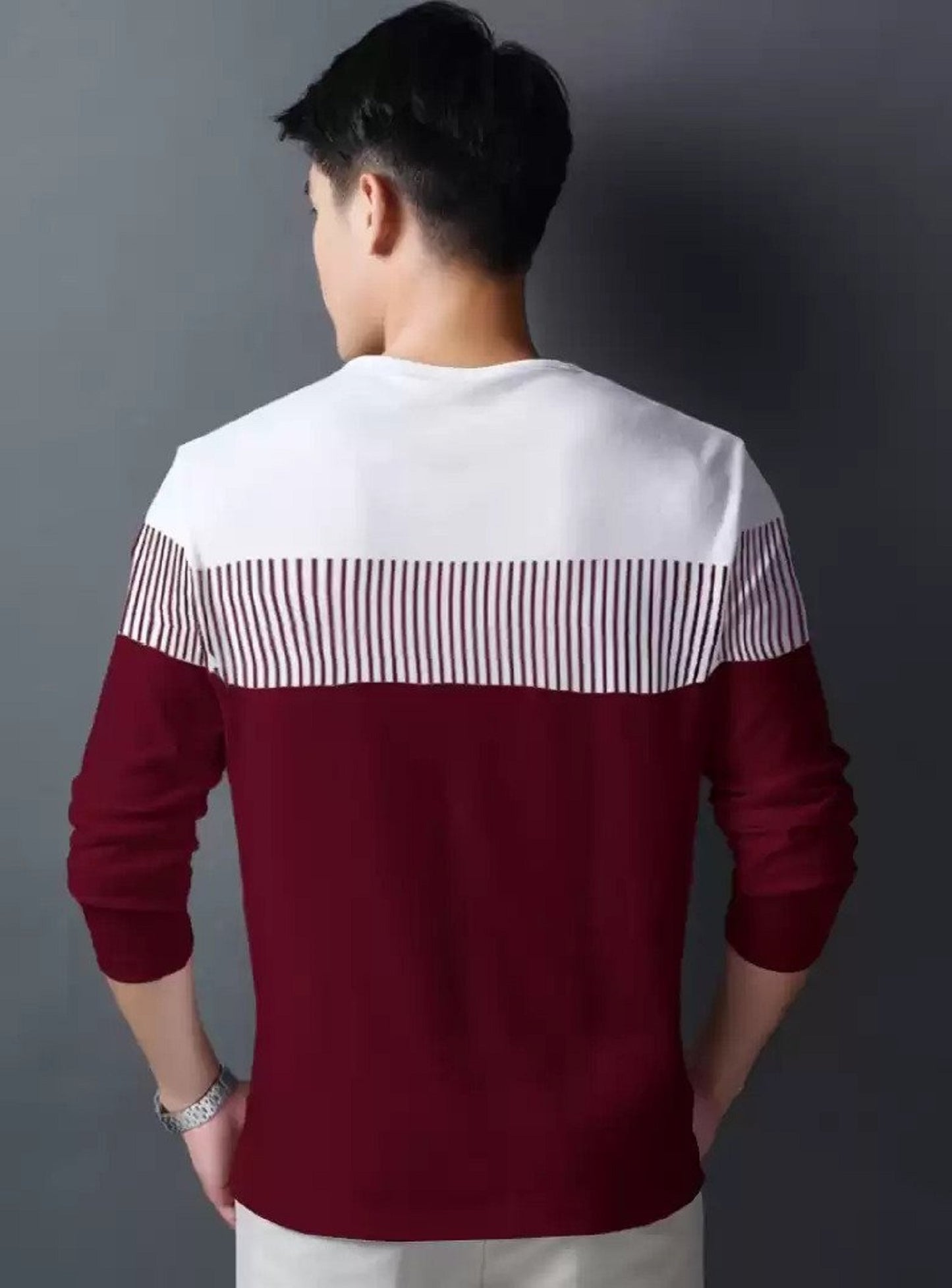 Men’s Maroon Color Block Full Sleeves T-Shirt – Casual & Trendy