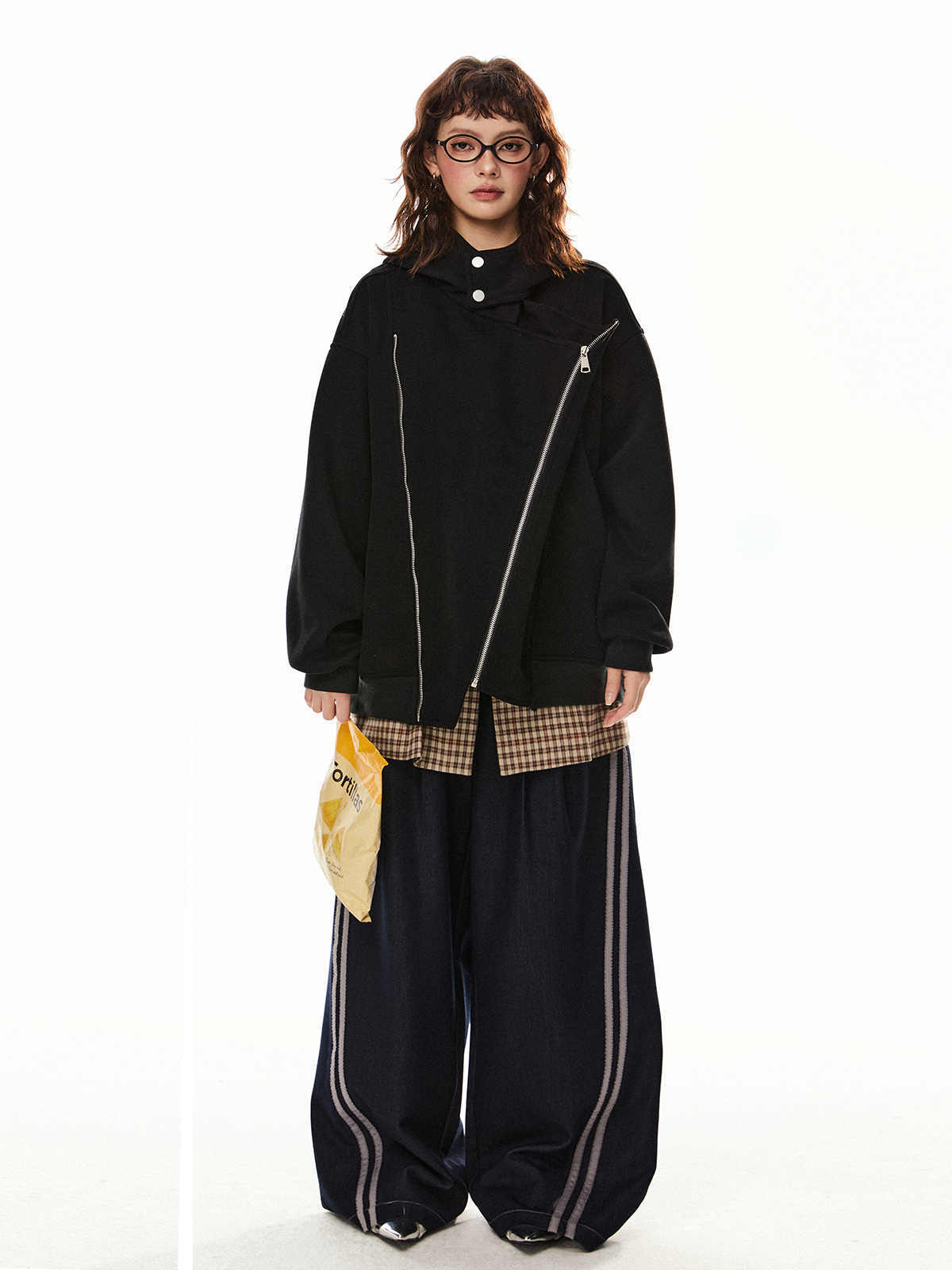 Retro Double Zipper Cardigan Hoodie Women's Casual Irregular Coat