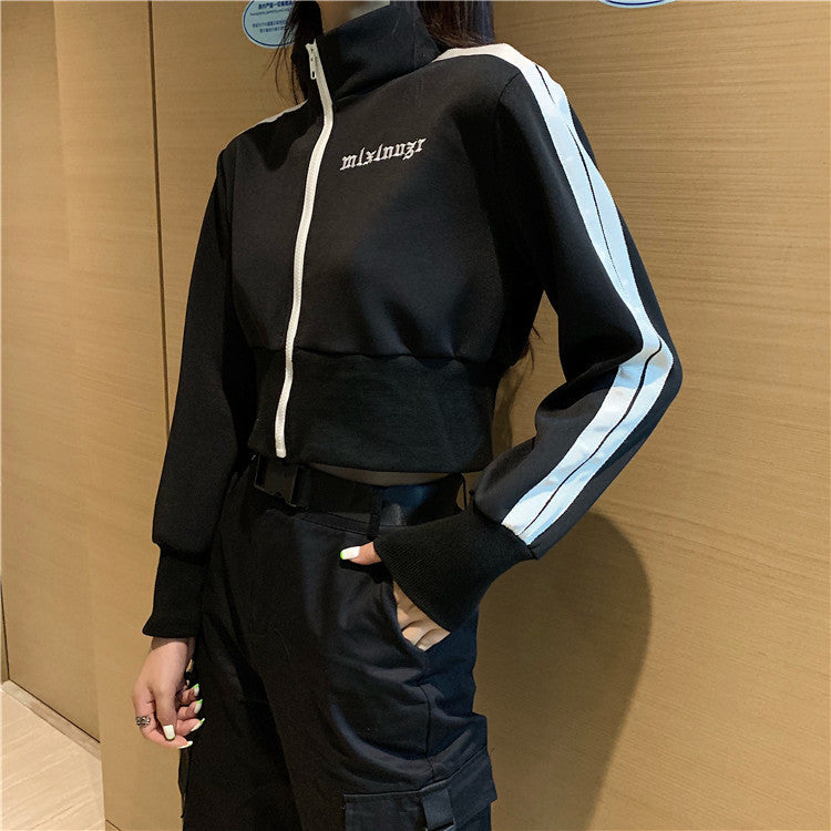 Women's Korean Style Letter Embroidery Black Sports Jacket