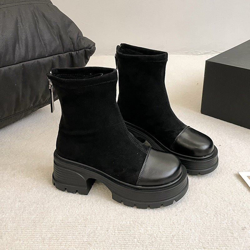 Retro Chunky Heel Versatile High-rise Suede Smoke Tube Boots