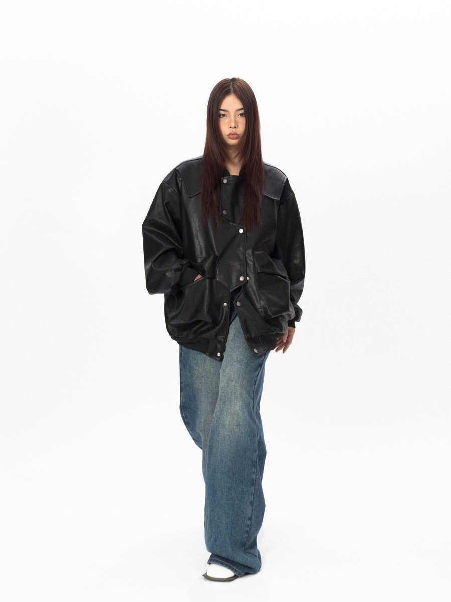 Three-dimensional Pocket Irregular Placket Leather Coat Loose Top