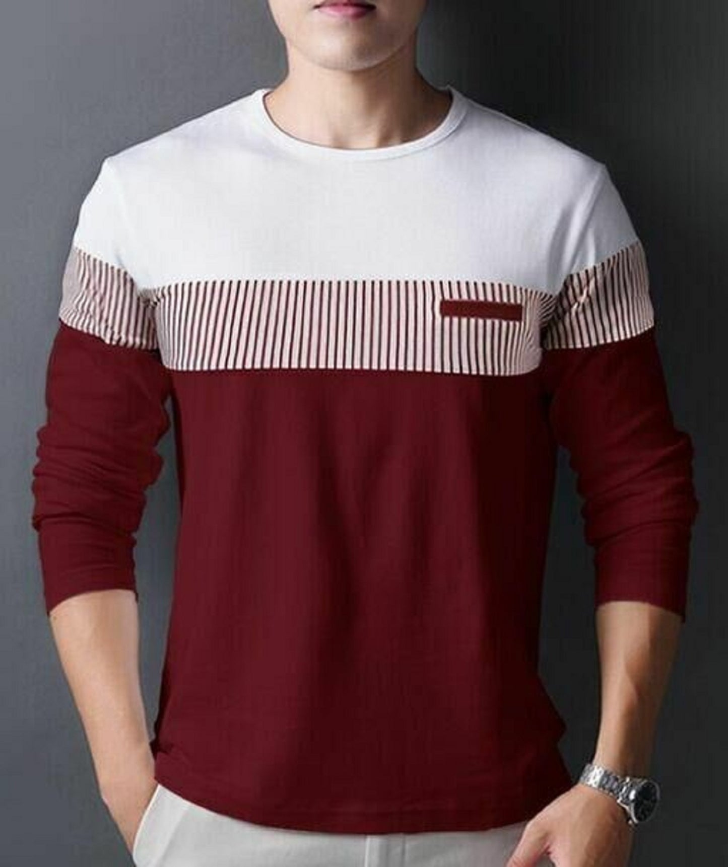 Men’s Maroon Color Block Full Sleeves T-Shirt – Casual & Trendy