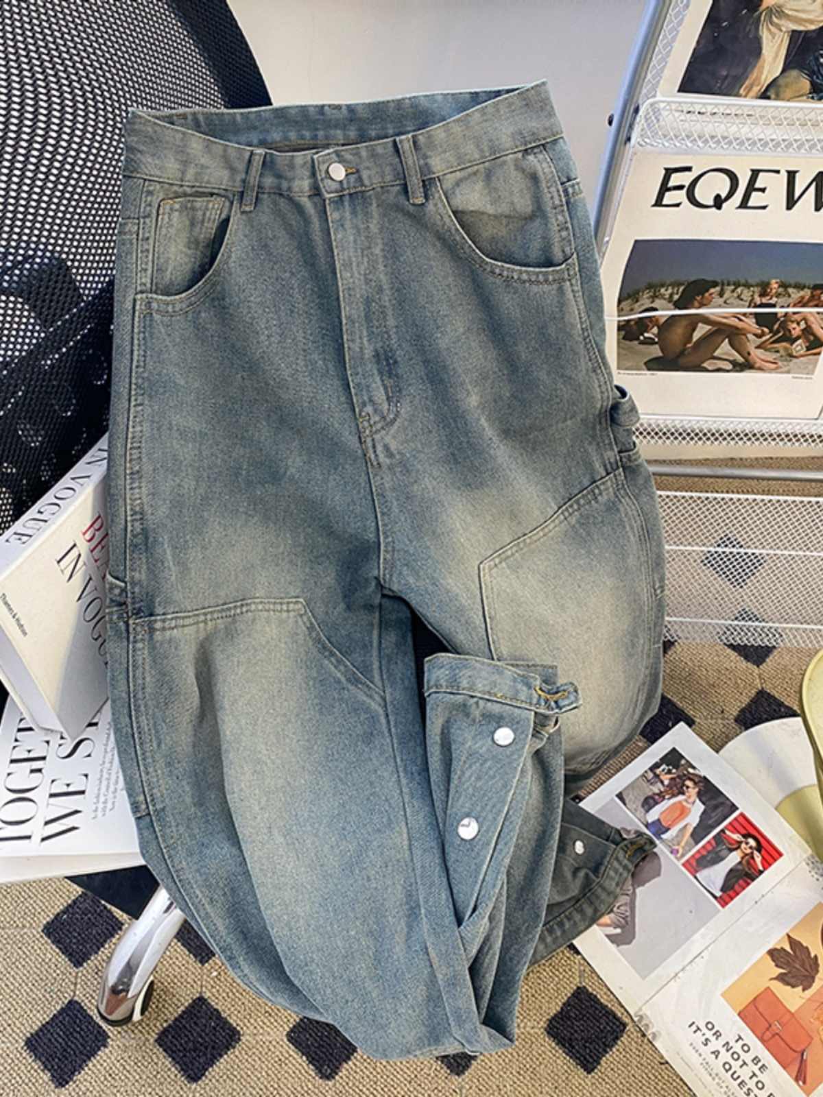 Split Breasted Jeans Men's Ins Trendy Straight Slightly Pull