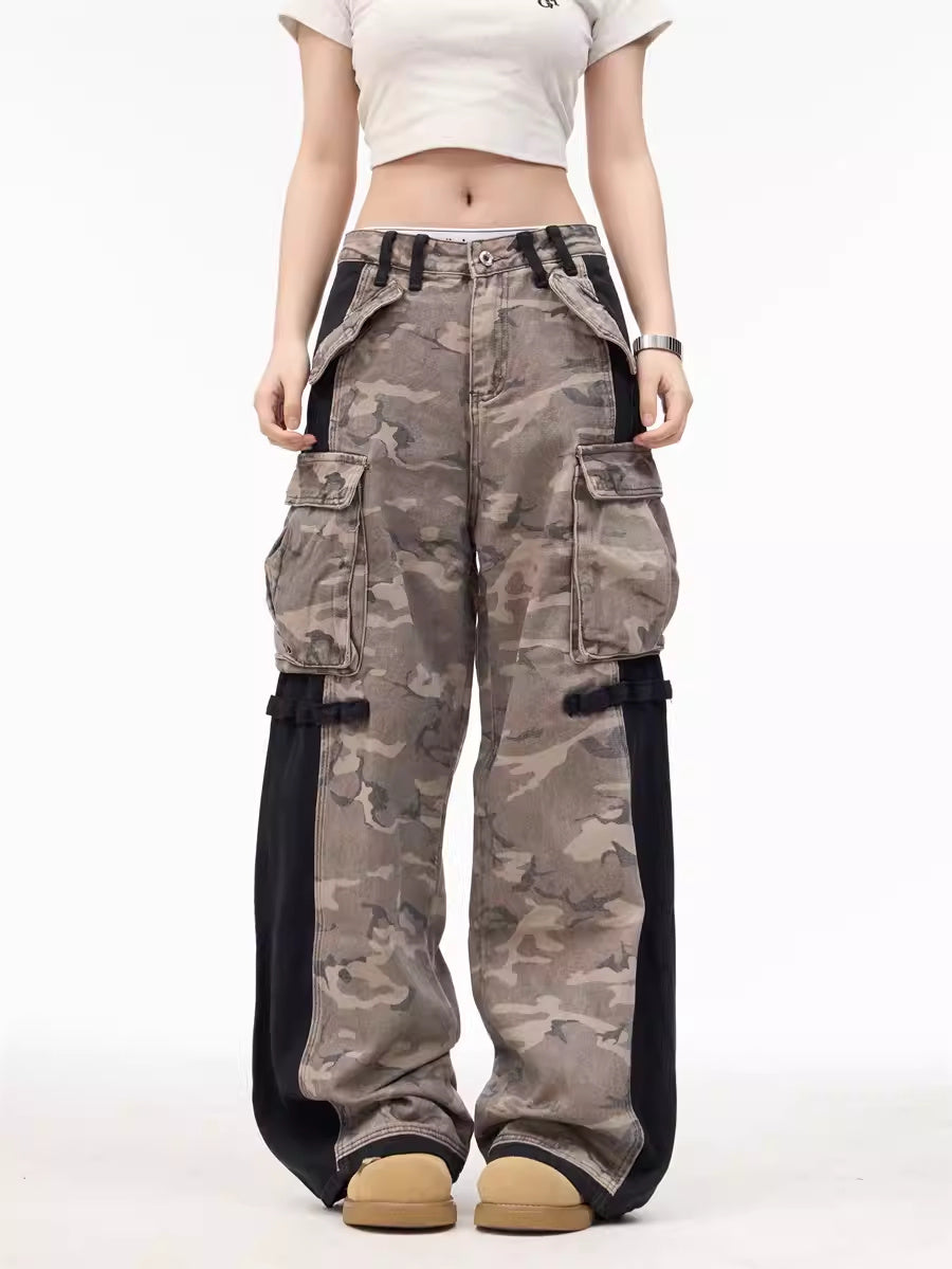 American-style Retro Patchwork Zipper Camouflage Men's And Women's Wide-leg Pants