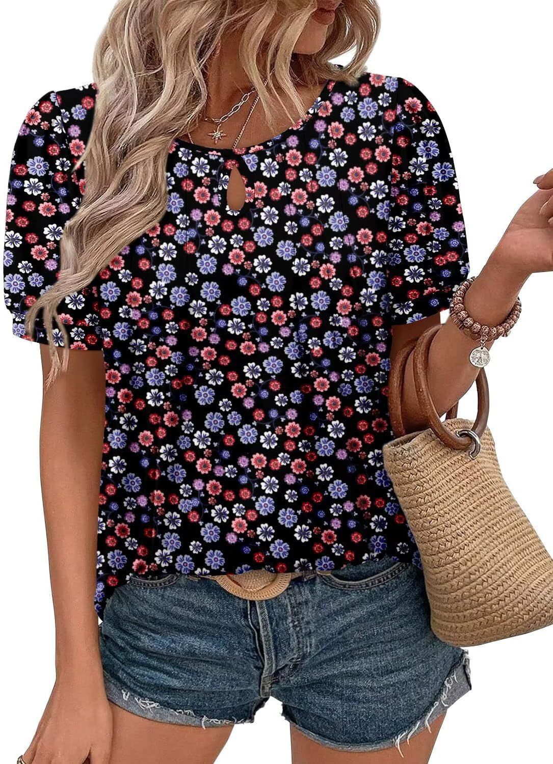 Floral Print Round Neck T Hole Flower Female