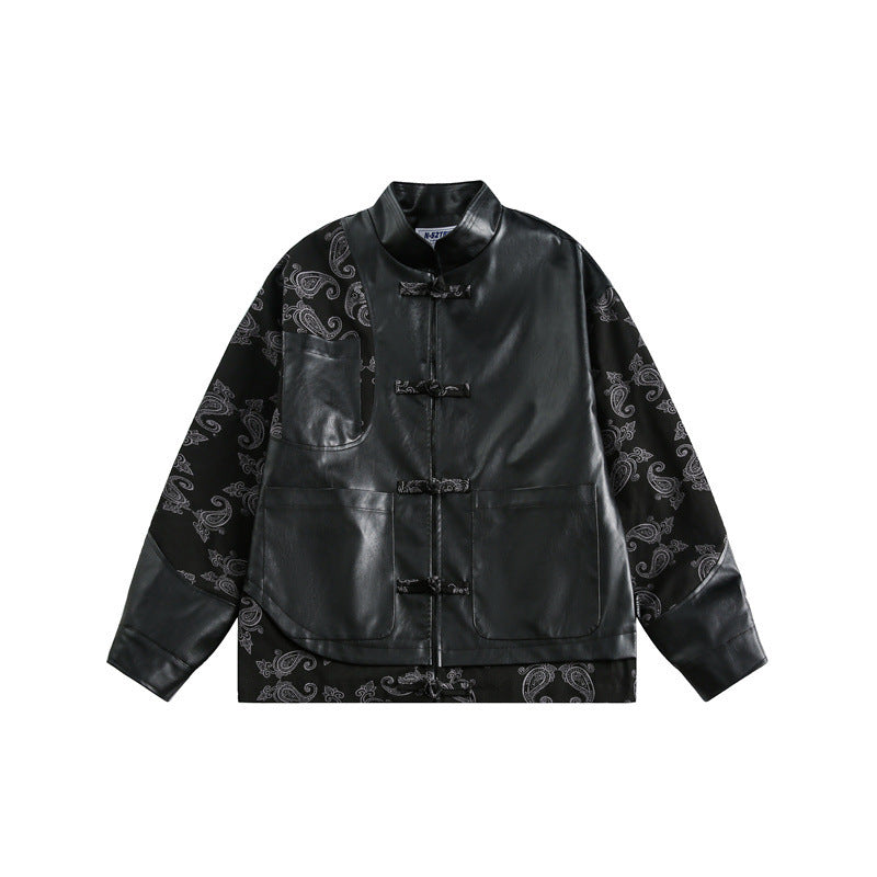 Spring New Chinese Stitching Buckle Stand Collar PU Leather Jacket