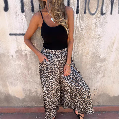 High Waist Leopard-print Printed Loose Casual Wide-leg Pants Women's Trousers