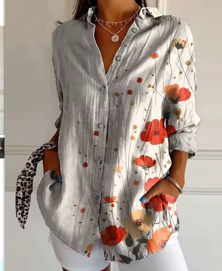 Color Matching Casual Loose Shirt Women's Clothing Button Top