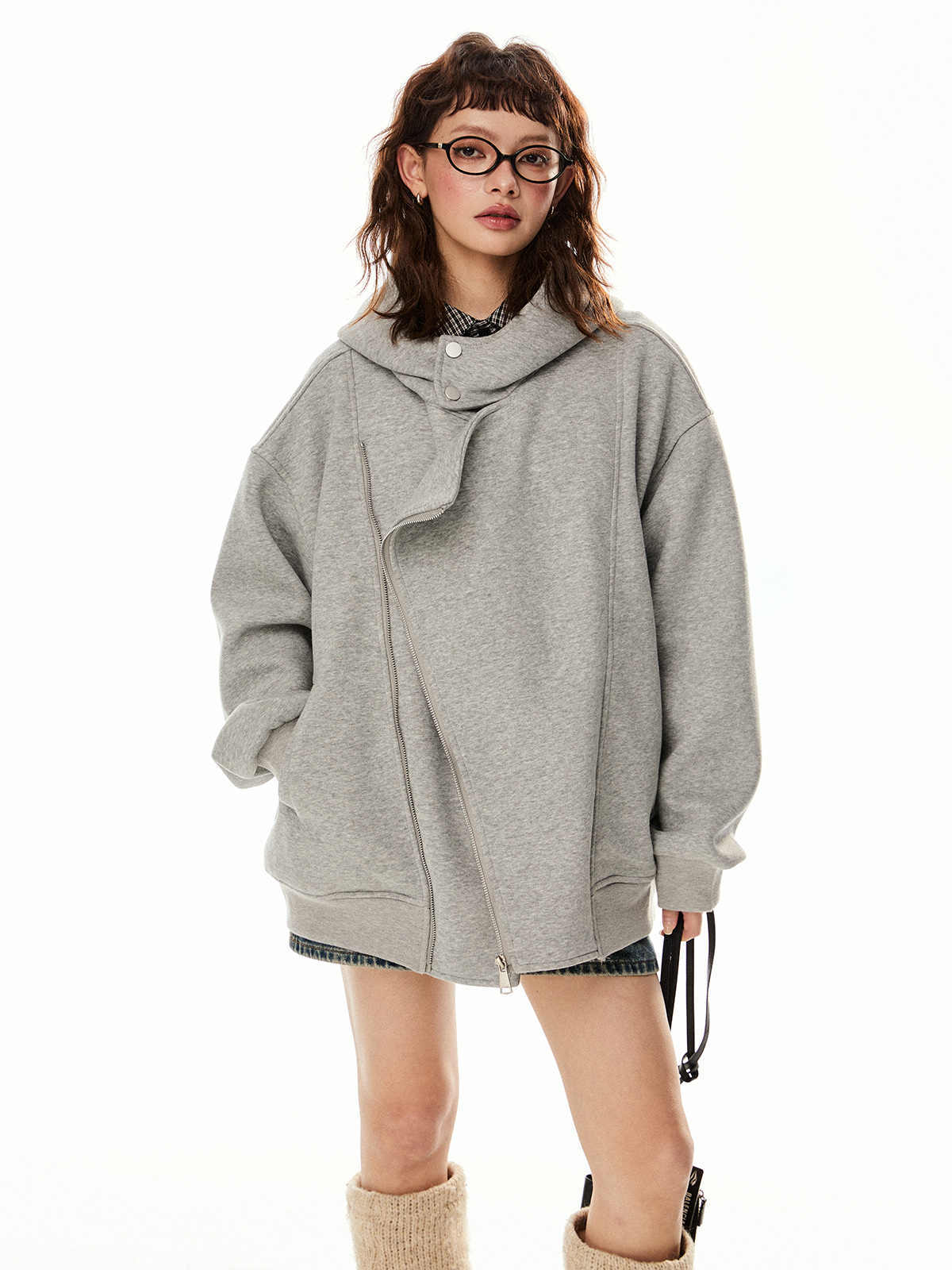 Retro Double Zipper Cardigan Hoodie Women's Casual Irregular Coat
