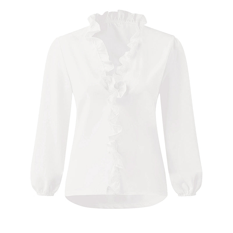 Women's Solid Color Long Sleeve Ruffled V-neck Pleated Shirt For Women