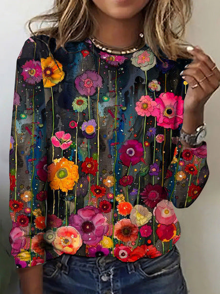 Women's Fashion 3D Digital Printed Round Neck Long-sleeved T-shirt