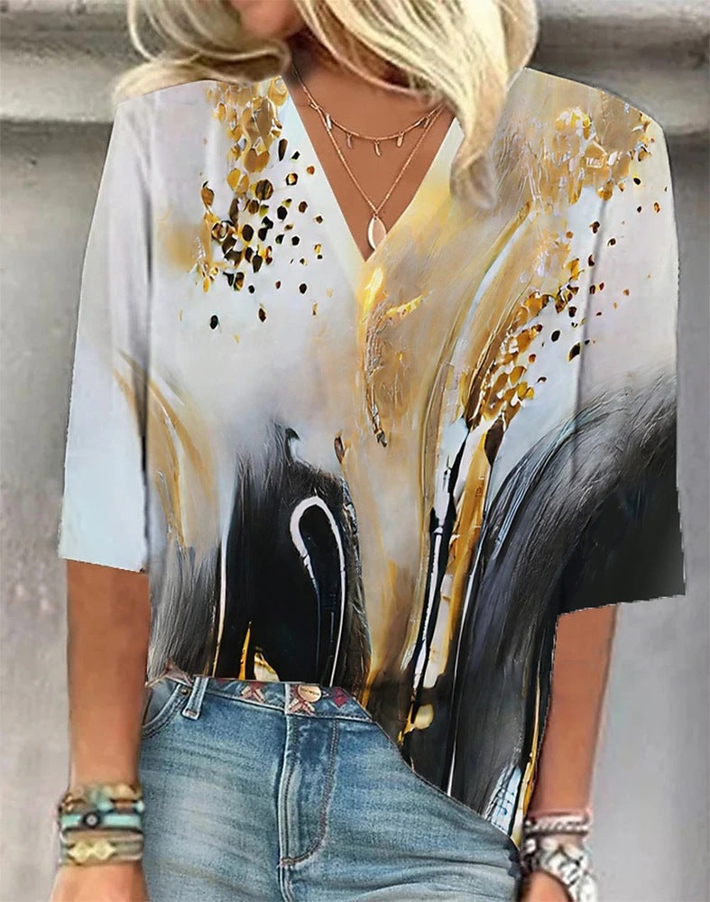Cross-border Amazon Clothing 3D Printed V-neck Pullover Leisure Cropped POD Customization