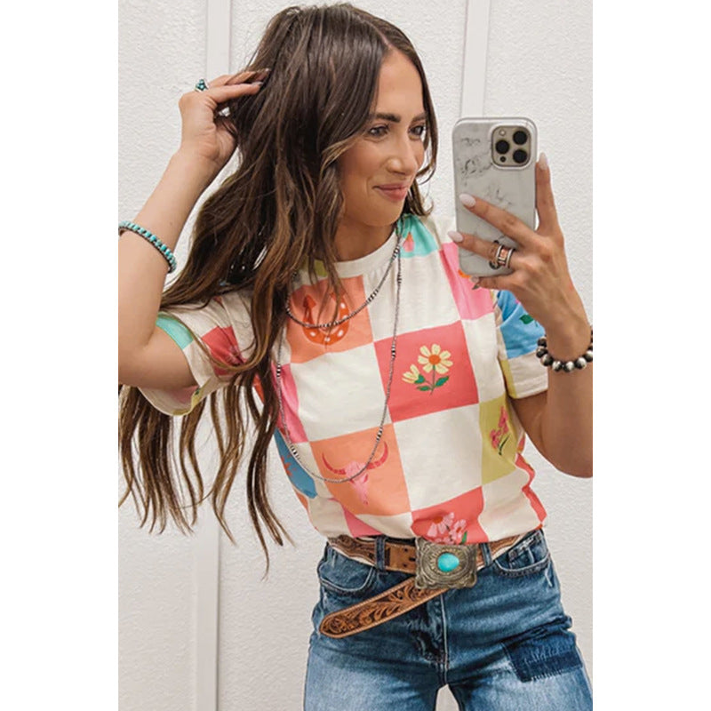 Color Contrast Printed Short-sleeved Top