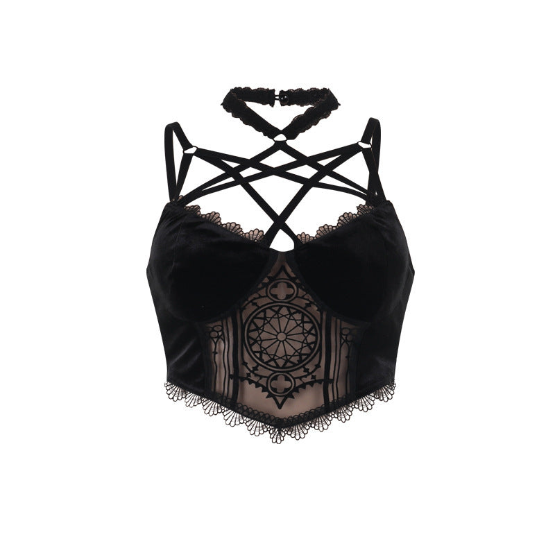 Elegant Hot Girl Sexy All-matching Flocked Printed Halterneck Vest Female