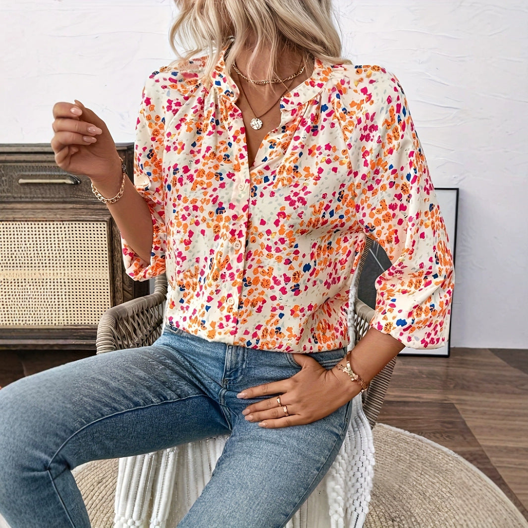 Women's Holiday Loose V-neck Lantern Sleeve Floral Print Shirt