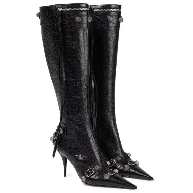 Stiletto Heel Pointed-toe Side Zip Metal Rivet Boots