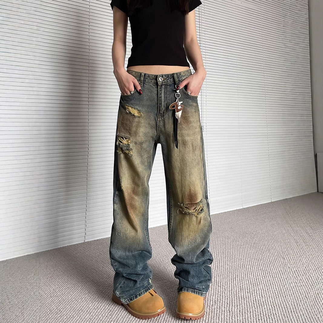 Niche Make Old Ripped Denim Fashion Brand Loose Straight Wide Leg Smart Trousers