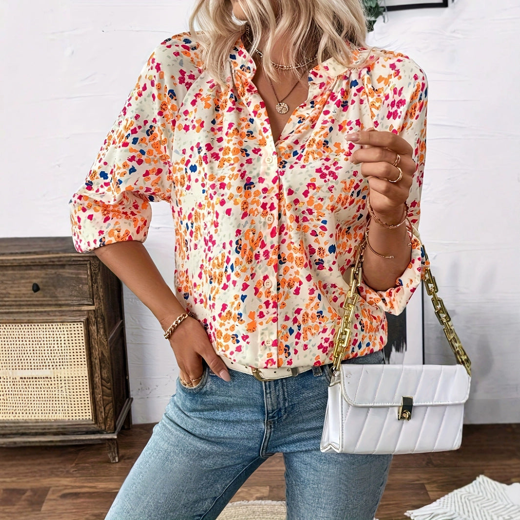 Women's Holiday Loose V-neck Lantern Sleeve Floral Print Shirt
