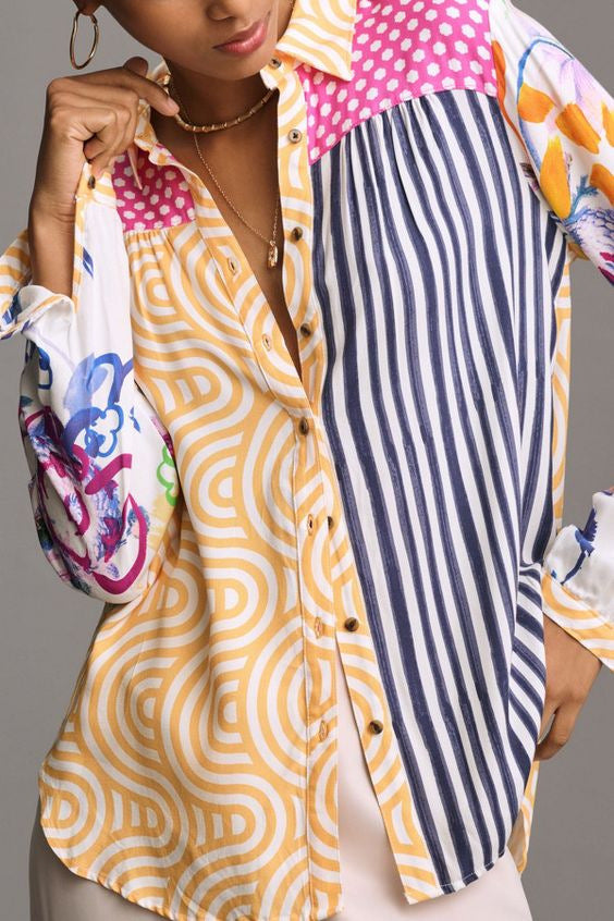 Print Lapel Long Sleeve Shirt Women's