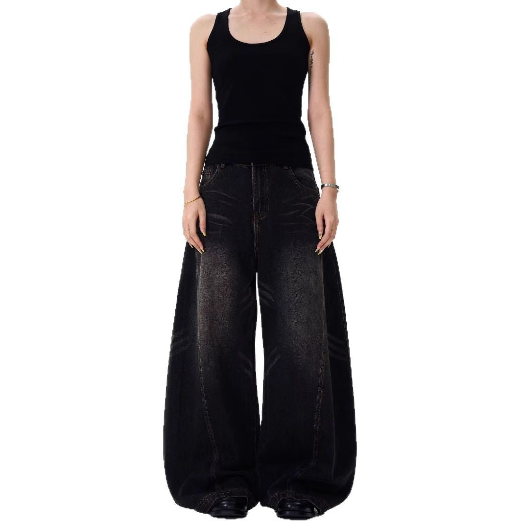 Retro Cat Beard Machete Jeans Women Loose Straight-leg Wide-leg