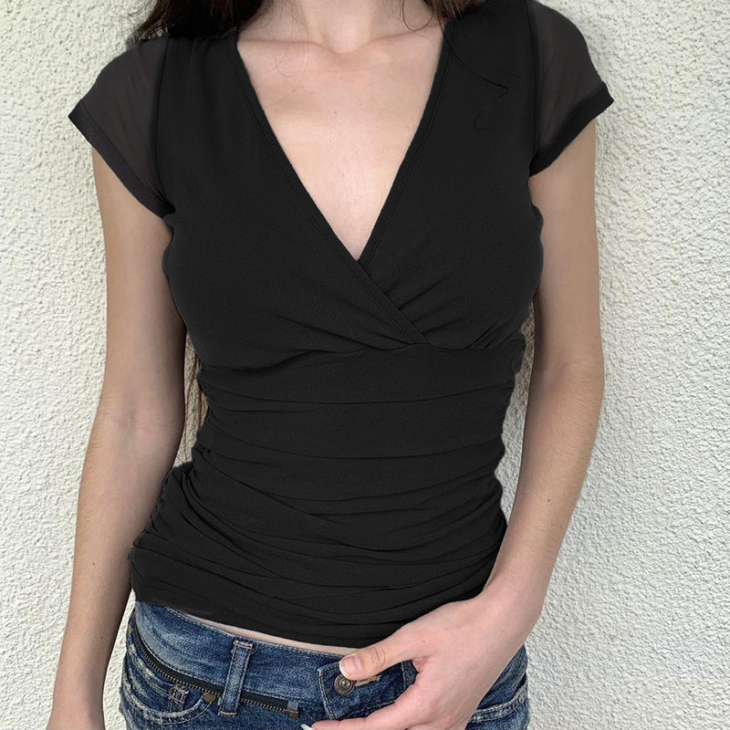 Deep V Design Small Pleated Pure Color Mesh Stitching Short Sleeve